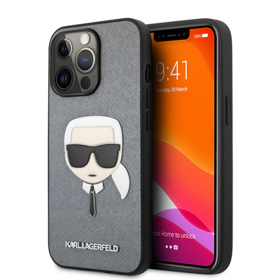 iPhone 13 Pro - Leather Case Silver PU Saffiano With Embossed Karl'S Head - Karl Lagerfeld
