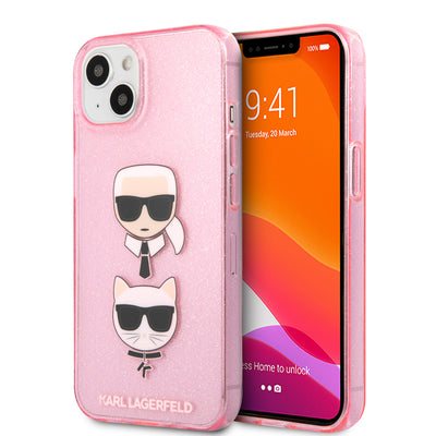 iPhone 13 - Hard Case Pink TPU Full Glitter Karl & Choupette Heads - Karl Lagerfeld