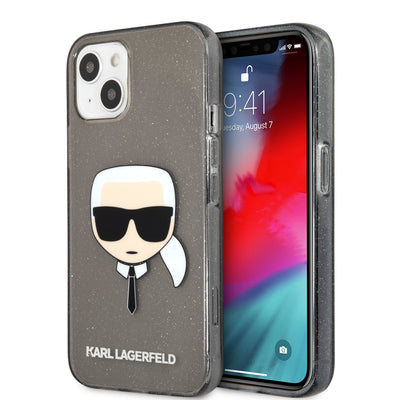 iPhone 13 - Hard Case Black TPU Full Glitter with Karl's Head - Karl Lagerfeld