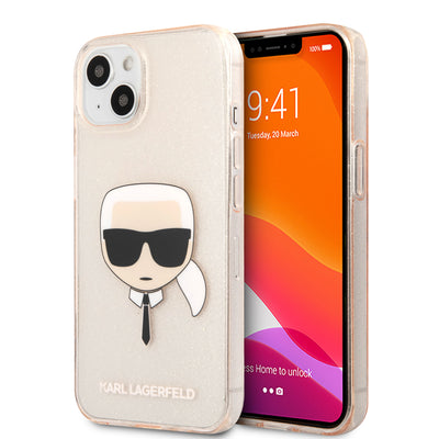 iPhone 13 - Hard Case Gold TPU Full Glitter with Karl's Head - Karl Lagerfeld