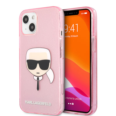iPhone 13 - Hard Case Pink TPU Full Glitter with Karl's Head - Karl Lagerfeld