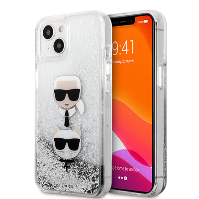 iPhone 13 - Hard Case Silver Liquid Glitter Karl And Choupette Heads - Karl Lagerfeld