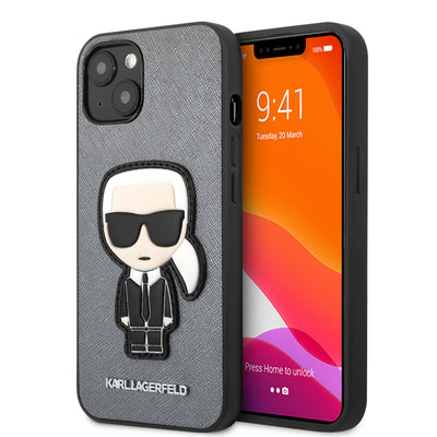 iPhone 13 - Leather Case Silver PU Saffiano With Ikonik Patch And Metal Logo - Karl Lagerfeld