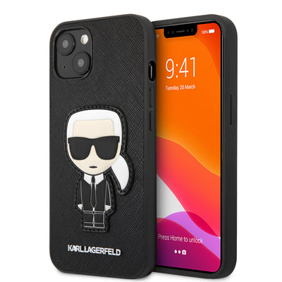 iPhone 13 - Leather Case Black PU Saffiano With Ikonik Patch And Metal Logo - Karl Lagerfeld