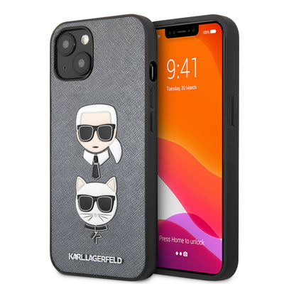 iPhone 13 - Leather Case Silver PU Saffiano With Embossed Karl & Choupette Heads - Karl Lagerfeld