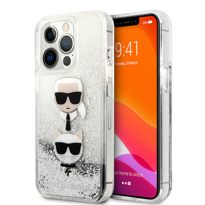 iPhone 13 Pro Max - Hard Case Silver Liquid Glitter Karl And Choupette Heads - Karl Lagerfeld