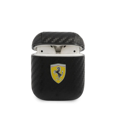 Airpods 1/2 - PU Leather Black Carbon Yellow Shield Metal Logo - Ferrari